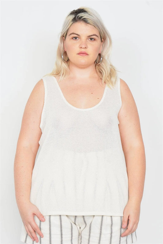 Junior Plus Size Sheer Ivory Ribbed Causal Tank Top /2-2-1-1 - Tasha Apparel Wholesale
