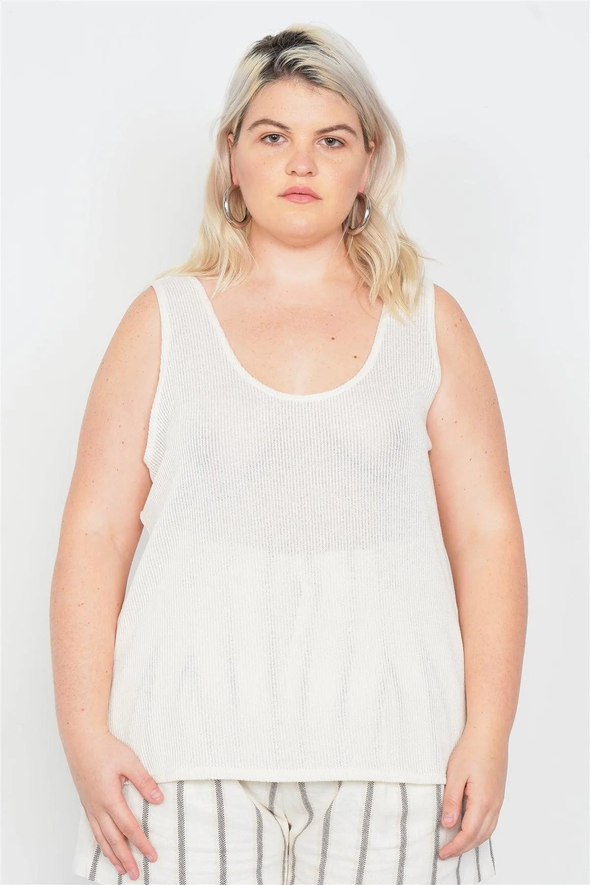 Plus Size Sheer Ivory Ribbed Causal Tank Top /3-2-1 - Tasha Apparel Wholesale