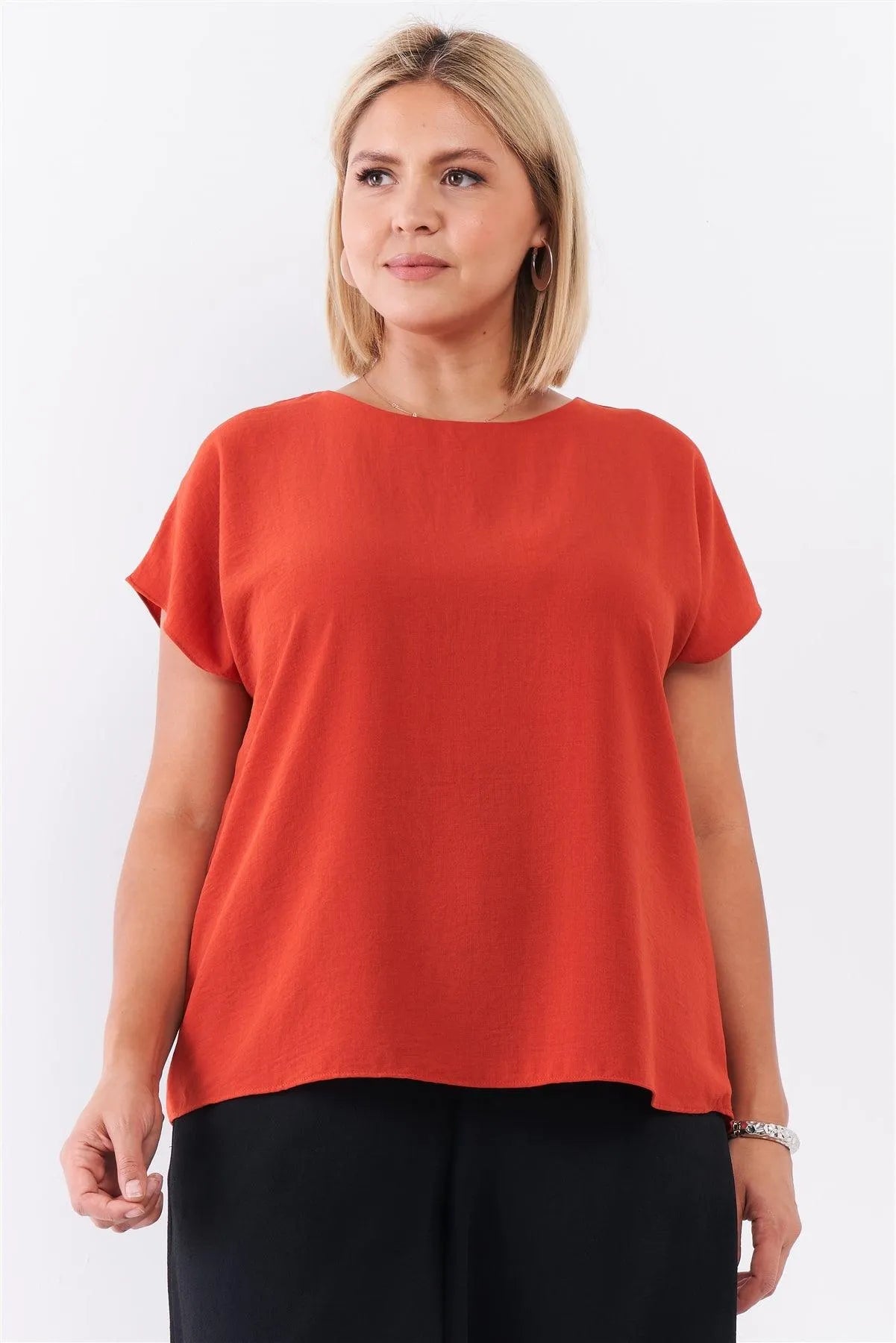 Junior Plus Tangerine Orange Short Sleeve Loose Fit Top /2-2-1-1 - Tasha Apparel Wholesale