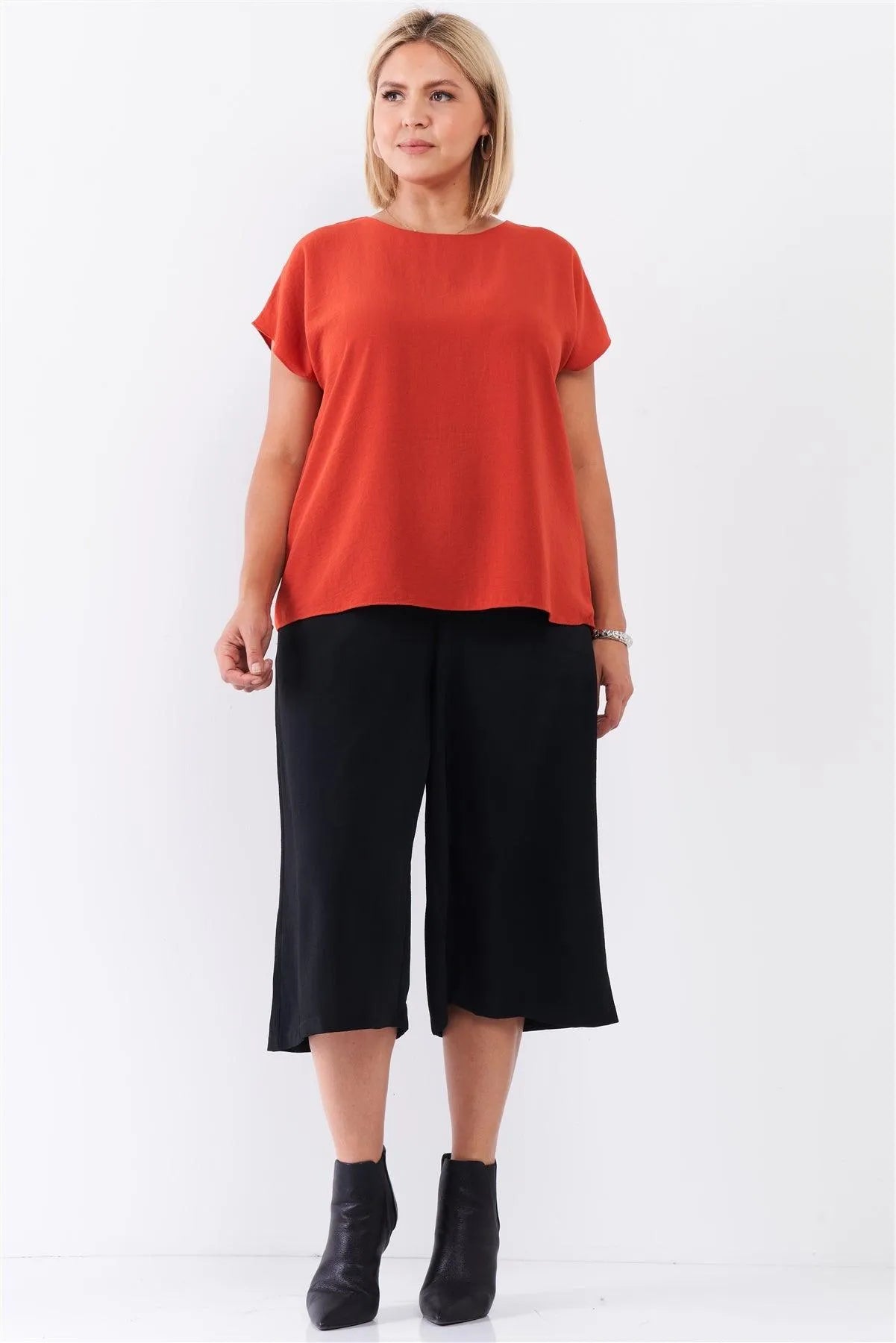 Junior Plus Tangerine Orange Short Sleeve Loose Fit Top /2-2-1-1 - Tasha Apparel Wholesale