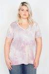 Plus Size Dusty Rose Tie Dye Casual High-Low V-Neck Tee /2-2-1-1 - Tasha Apparel Wholesale