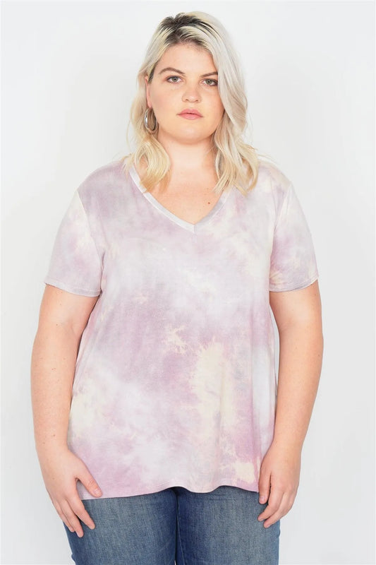 Plus Size Dusty Rose Tie Dye Casual High-Low V-Neck Tee /2-2-1-1 - Tasha Apparel Wholesale