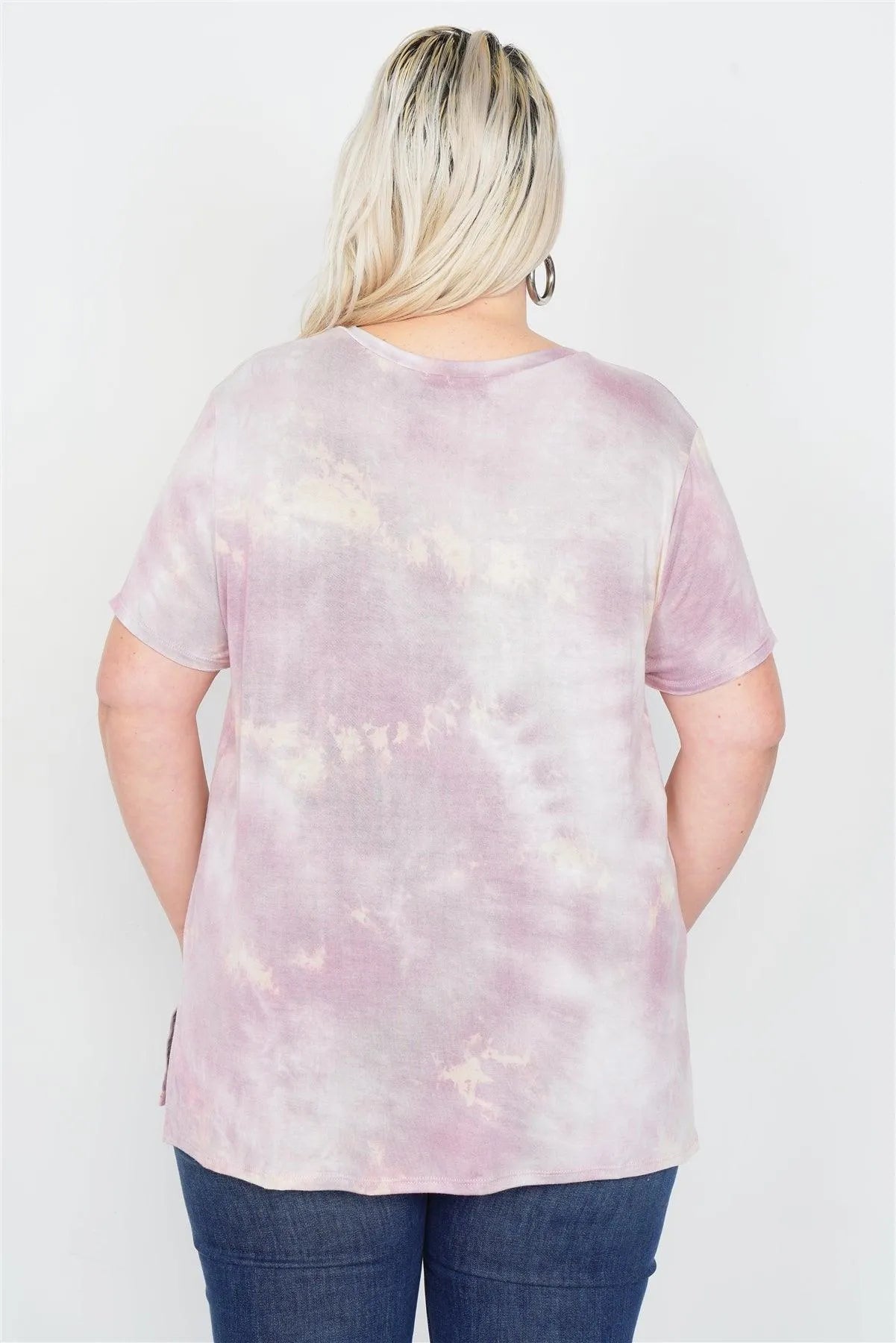 Plus Size Dusty Rose Tie Dye Casual High-Low V-Neck Tee /2-2-1-1 - Tasha Apparel Wholesale