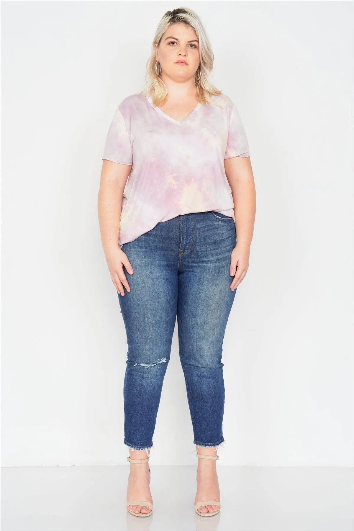 Plus Size Dusty Rose Tie Dye Casual High-Low V-Neck Tee /2-2-1-1 - Tasha Apparel Wholesale