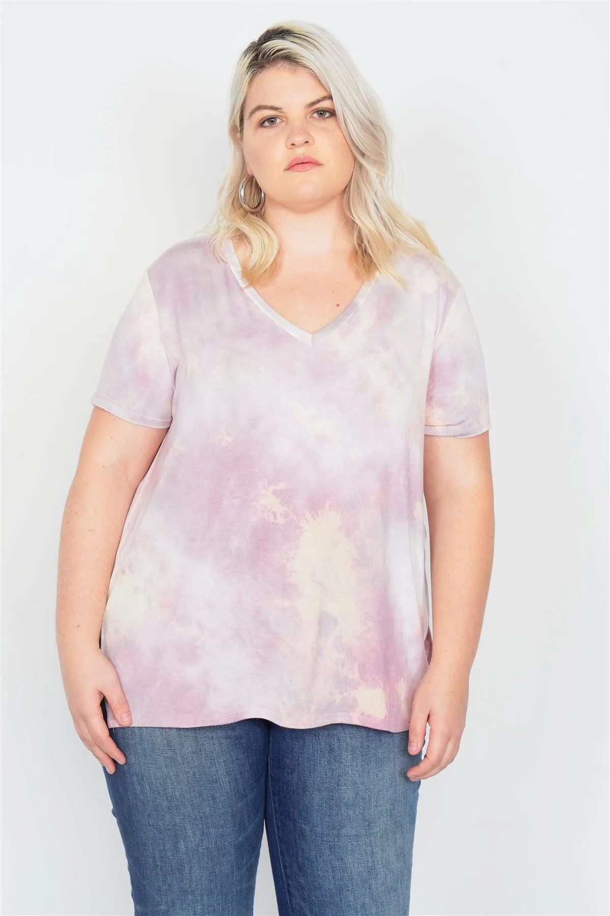 Plus Size Dusty Rose Tie Dye Casual High-Low V-Neck Tee /2-2-1-1 - Tasha Apparel Wholesale