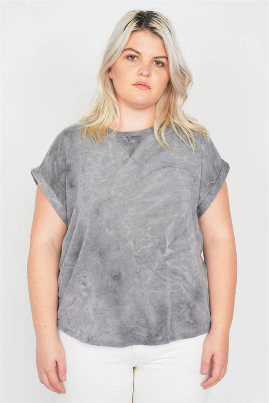 Junior Plus Size Grey Sleeveless Basic U-Shape Hem Tie Dye Top /2-2-1-1 - Tasha Apparel Wholesale