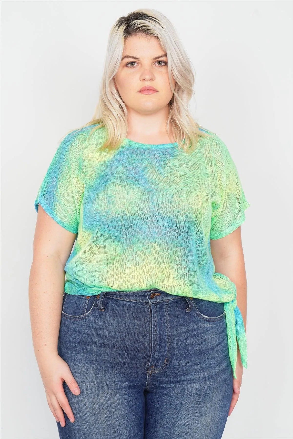 Plus Size Neon Green & Blue Tie Dye Sheer Knit Side Knot Sporty Top /2-2-1-1 - Tasha Apparel Wholesale
