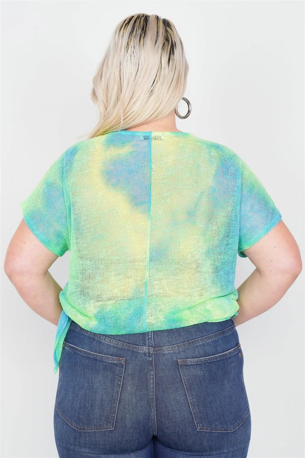 Plus Size Neon Green & Blue Tie Dye Sheer Knit Side Knot Sporty Top /2-2-1-1 - Tasha Apparel Wholesale