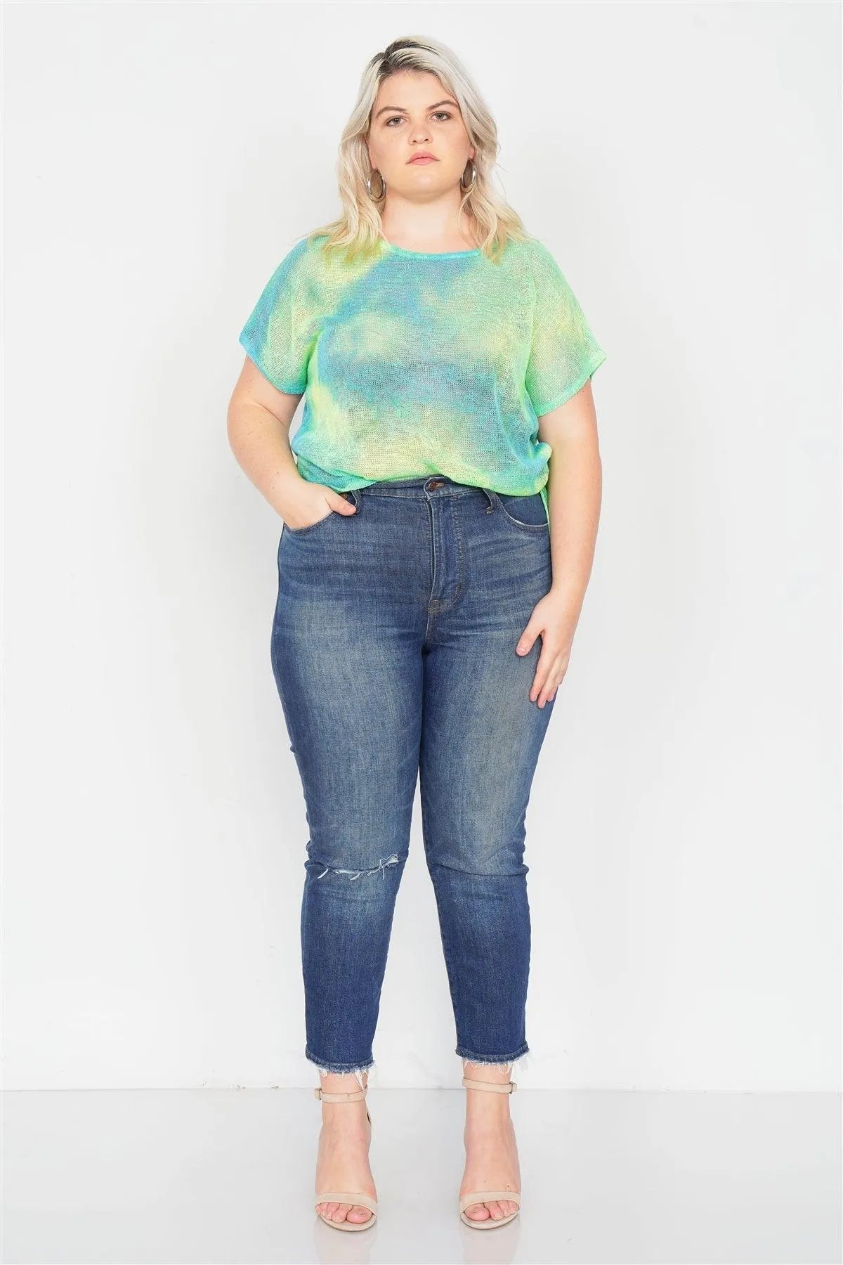 Plus Size Neon Green & Blue Tie Dye Sheer Knit Side Knot Sporty Top /2-2-1-1 - Tasha Apparel Wholesale