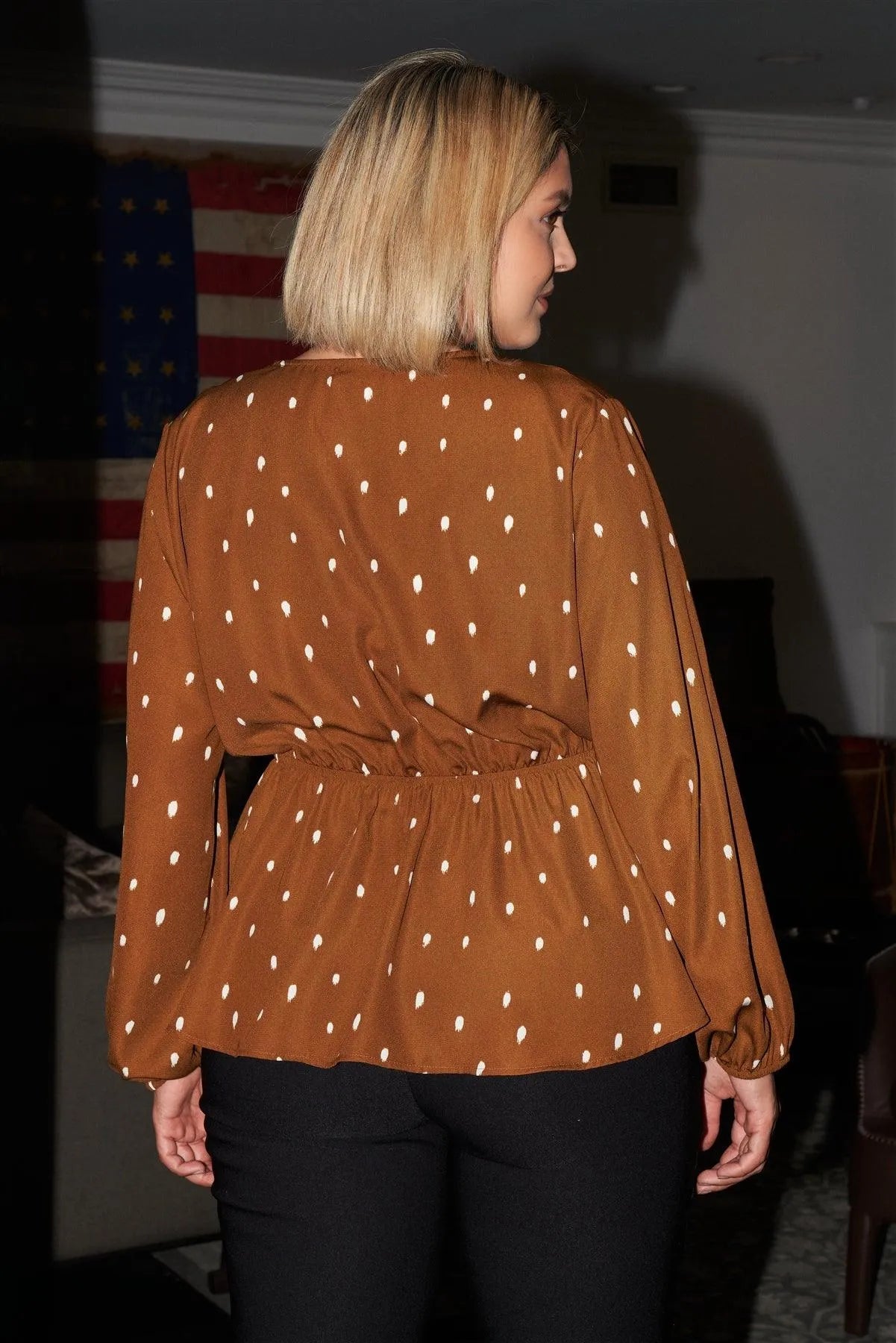 Junior Plus Brown & Ivory Polka Dot V-Neck Wrap Long BalloonSleeve Top /3-2-1 - Tasha Apparel Wholesale