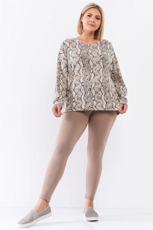 Taupe Snake Print Round Neck Relaxed Fit Long Sleeve Top /1-2-1 - Tasha Apparel Wholesale