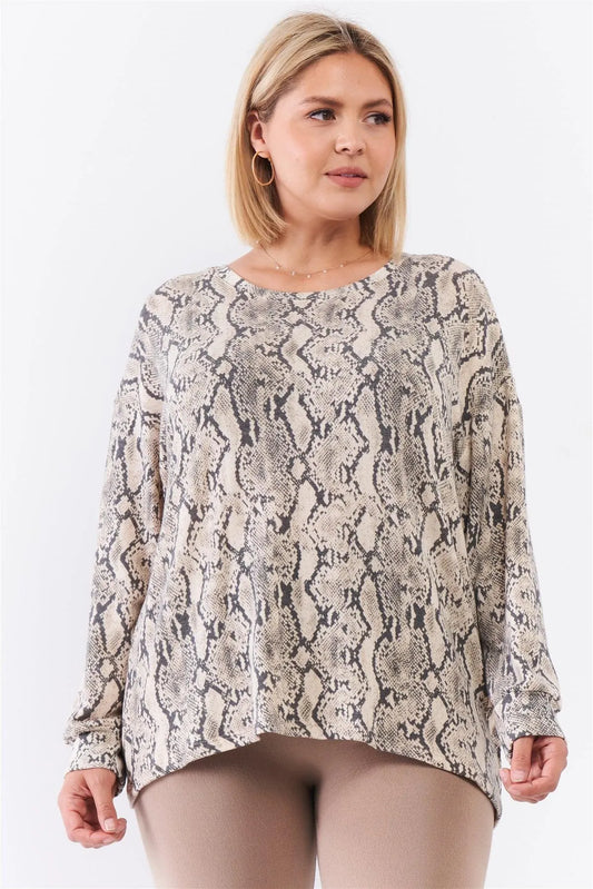 Taupe Snake Print Round Neck Relaxed Fit Long Sleeve Top /3-2-1 - Tasha Apparel Wholesale