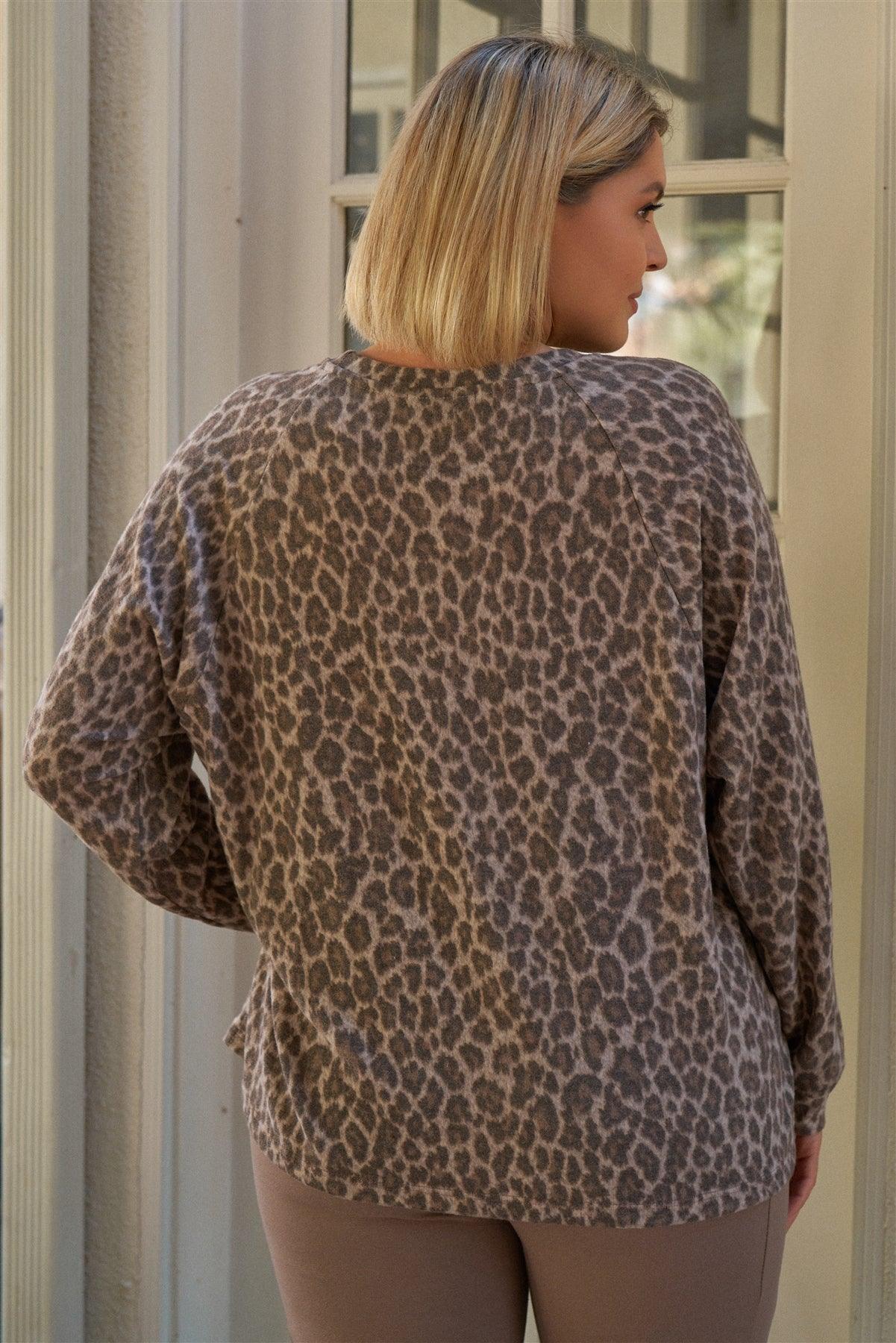 Junior Plus Taupe & Black Cheetah Round Neck Long Sleeve Relaxed Fit Top /3-2-1