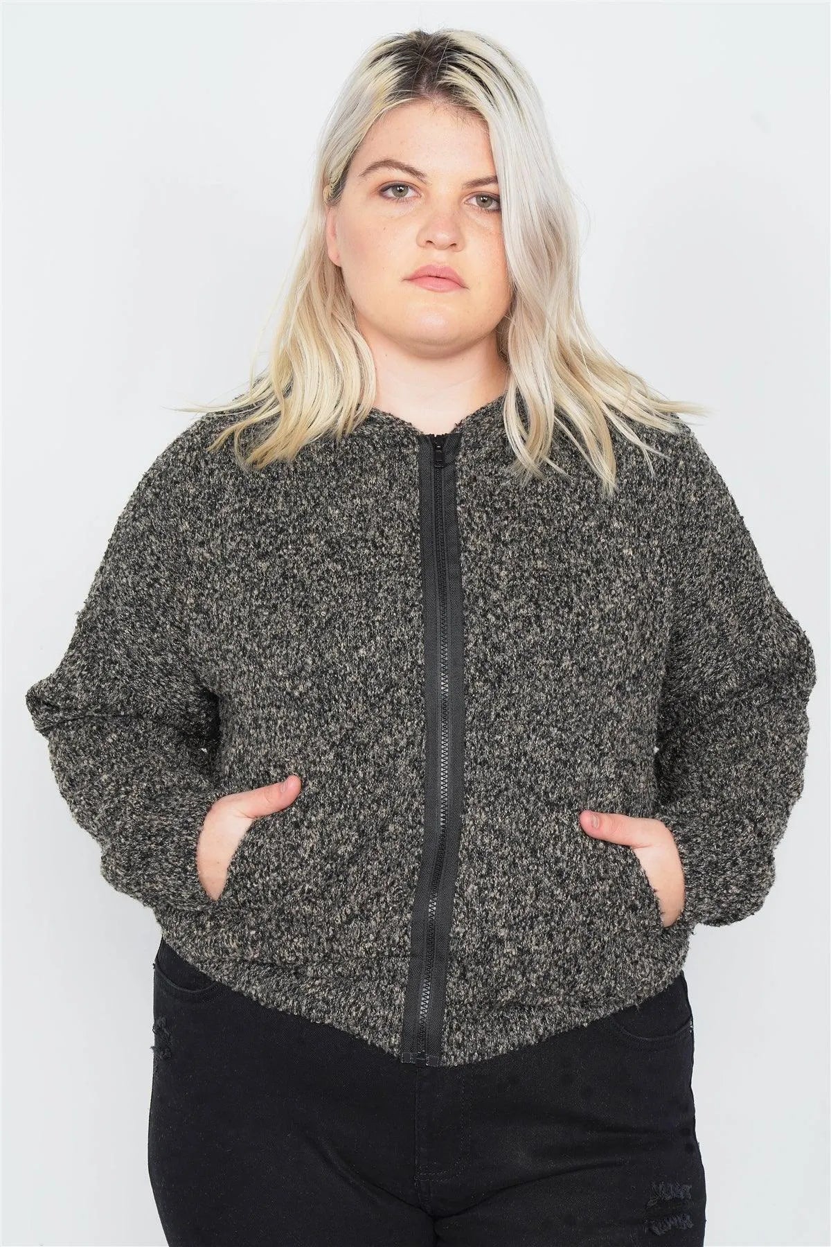 Junior Plus Size Heather Charcoal Athletic Full Zip Hoodie Sweater /2-2-1-1 - Tasha Apparel Wholesale
