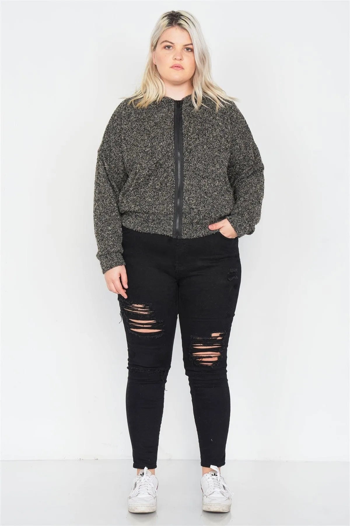 Junior Plus Size Heather Charcoal Athletic Full Zip Hoodie Sweater /2-2-1-1 - Tasha Apparel Wholesale