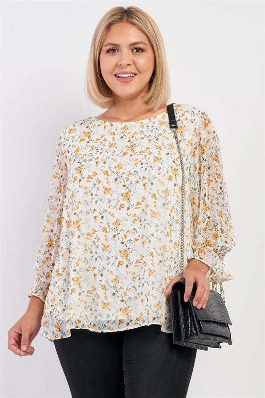 Junior Plus Size Ivory Yellow Floral Print Relaxed Fit Draw String Self Tie Puff Midi Sleeve Top /3-2-1 - Tasha Apparel Wholesale