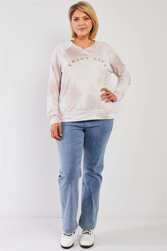 Junior Plus Blush Tie-Dye Affirmation Graphic Detail Round Neck Long Sleeve Sweatshirt Top /2-2-1 - Tasha Apparel Wholesale