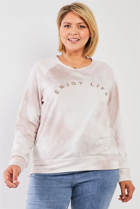 Junior Plus Blush Tie-Dye Affirmation Graphic Detail Round Neck Long Sleeve Sweatshirt Top /3-2-1 - Tasha Apparel Wholesale
