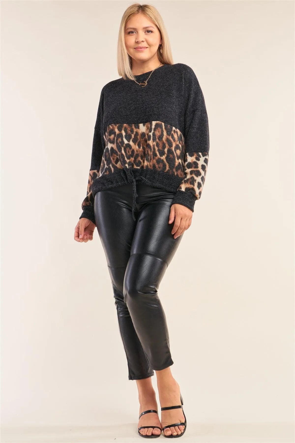 Junior Plus Size Leopard Print Trim Tie Hem Sweater /2-2-1-1 - Tasha Apparel Wholesale