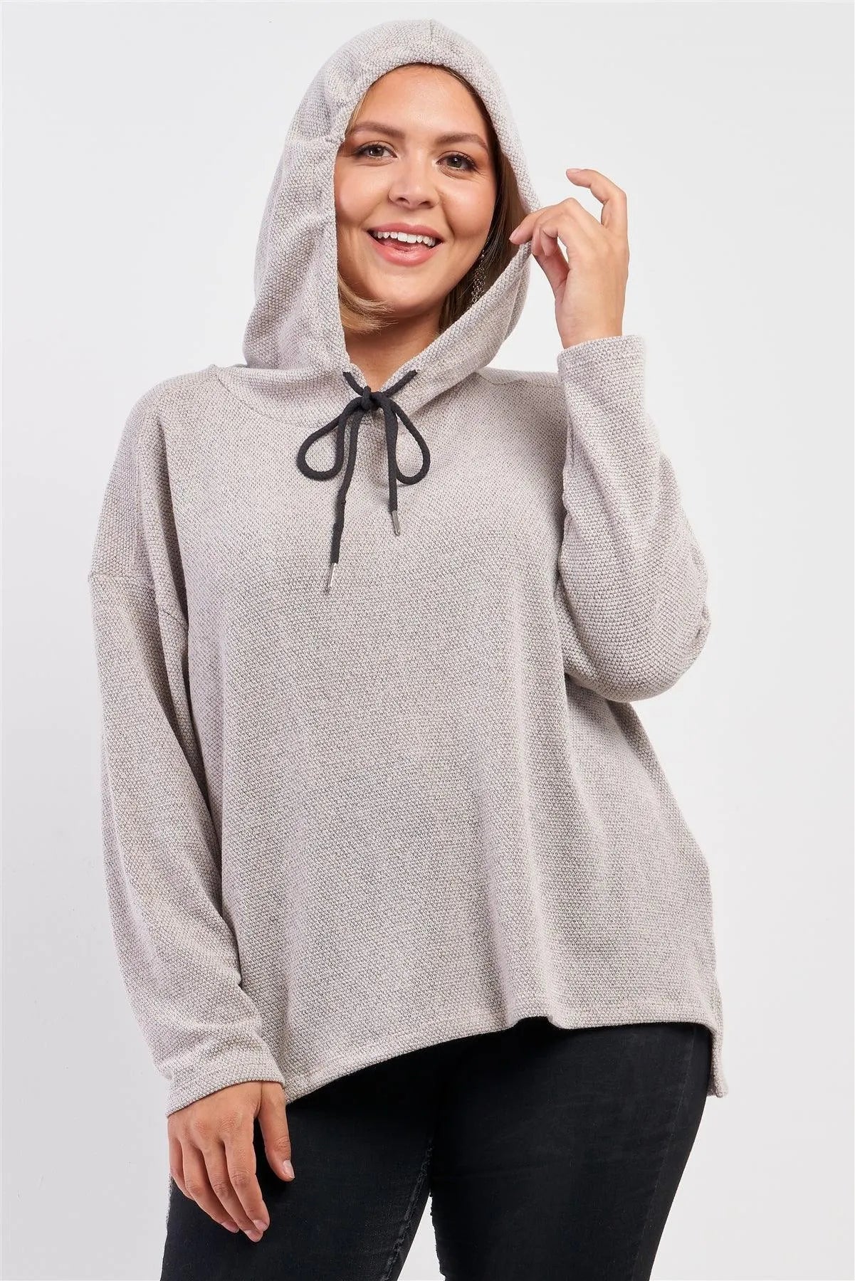 Junior Plus Oatmeal Soft Knit Relaxed Fit Long Sleeve Hoodie /1-1-1-1 - Tasha Apparel Wholesale