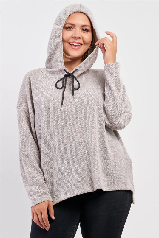 Junior Plus Oatmeal Soft Knit Relaxed Fit Long Sleeve Hoodie /1-1-1-1 - Tasha Apparel Wholesale