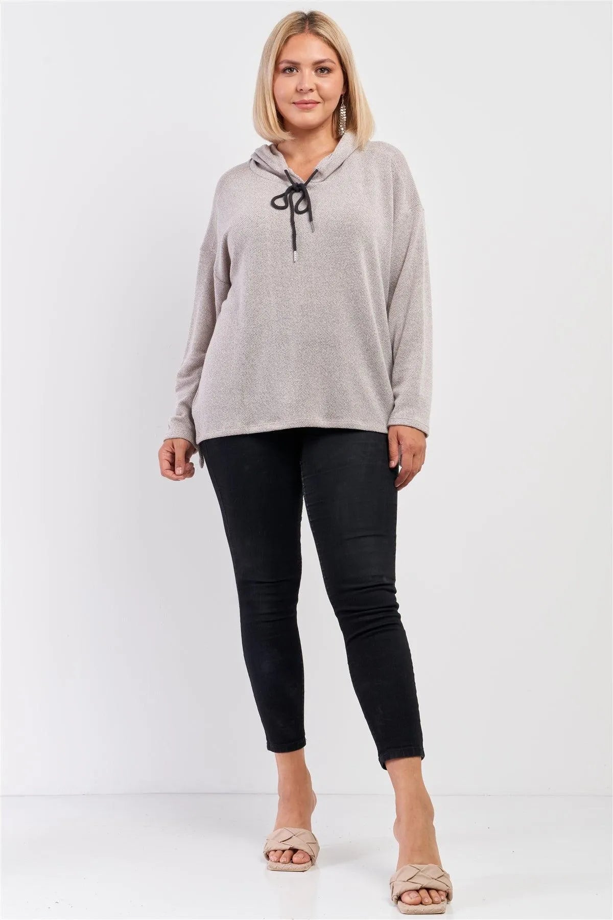 Junior Plus Oatmeal Soft Knit Relaxed Fit Long Sleeve Hoodie /1-1-1-1 - Tasha Apparel Wholesale