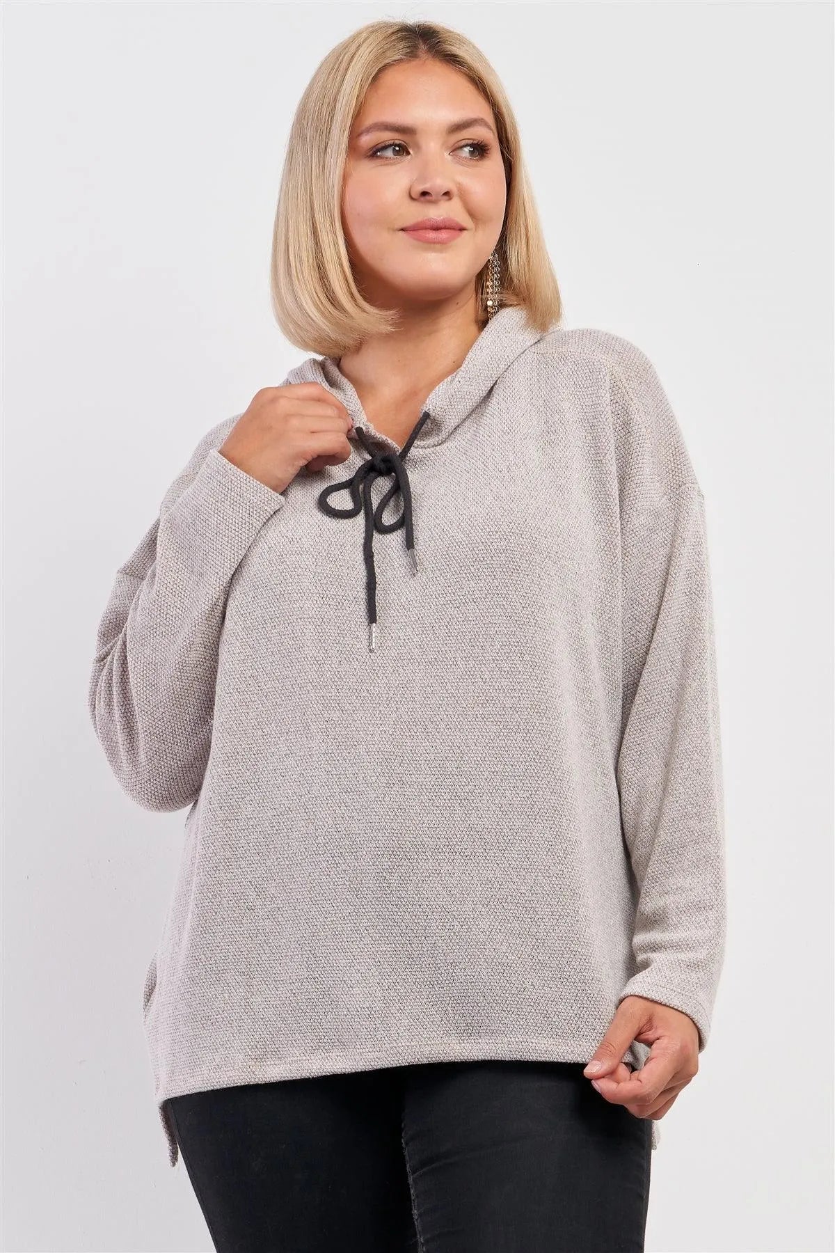 Junior Plus Oatmeal Soft Knit Relaxed Fit Long Sleeve Hoodie /1-1-1-1 - Tasha Apparel Wholesale