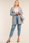 Junior Plus Size Grey And White Soft Striped Open Front Side Pockets Cardigan /2-2-1-1 - Tasha Apparel Wholesale