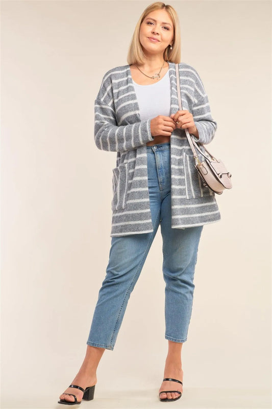 Junior Plus Size Grey And White Soft Striped Open Front Side Pockets Cardigan /2-2-1-1 - Tasha Apparel Wholesale