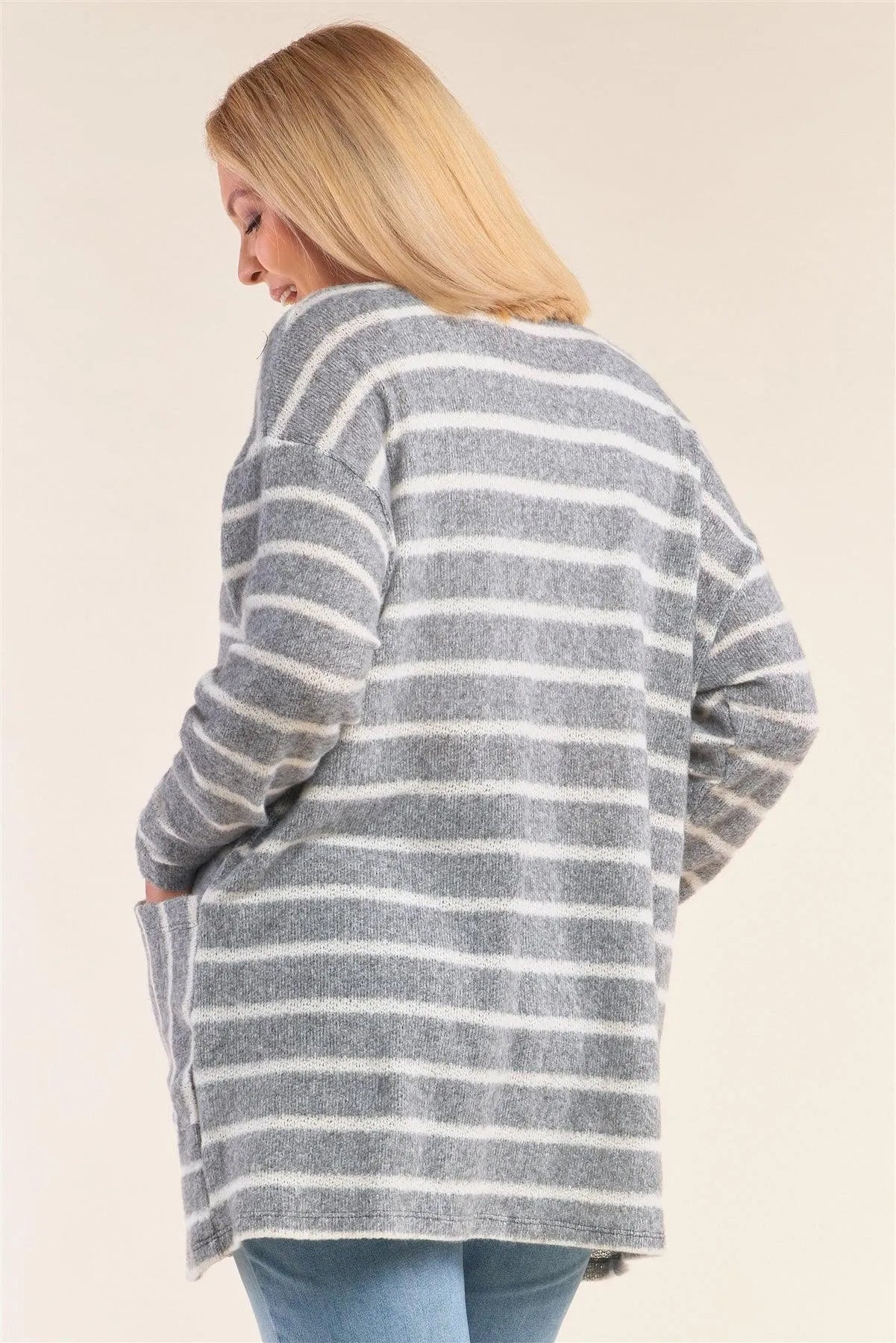 Junior Plus Size Grey And White Soft Striped Open Front Side Pockets Cardigan /2-2-1-1 - Tasha Apparel Wholesale