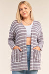 Junior Plus Size Lavender Soft Striped Open Front Side Pockets Cardigan /2-2-1-1 - Tasha Apparel Wholesale