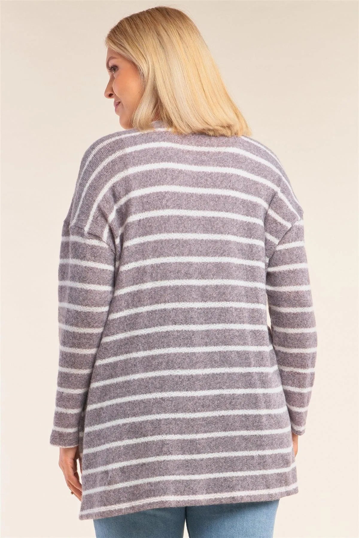 Junior Plus Size Lavender Soft Striped Open Front Side Pockets Cardigan /2-2-1-1 - Tasha Apparel Wholesale