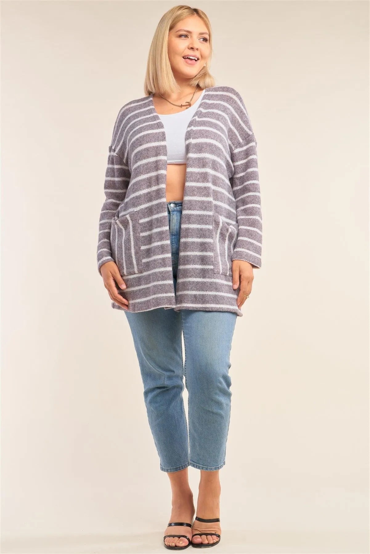 Junior Plus Size Lavender Soft Striped Open Front Side Pockets Cardigan /2-2-1-1 - Tasha Apparel Wholesale