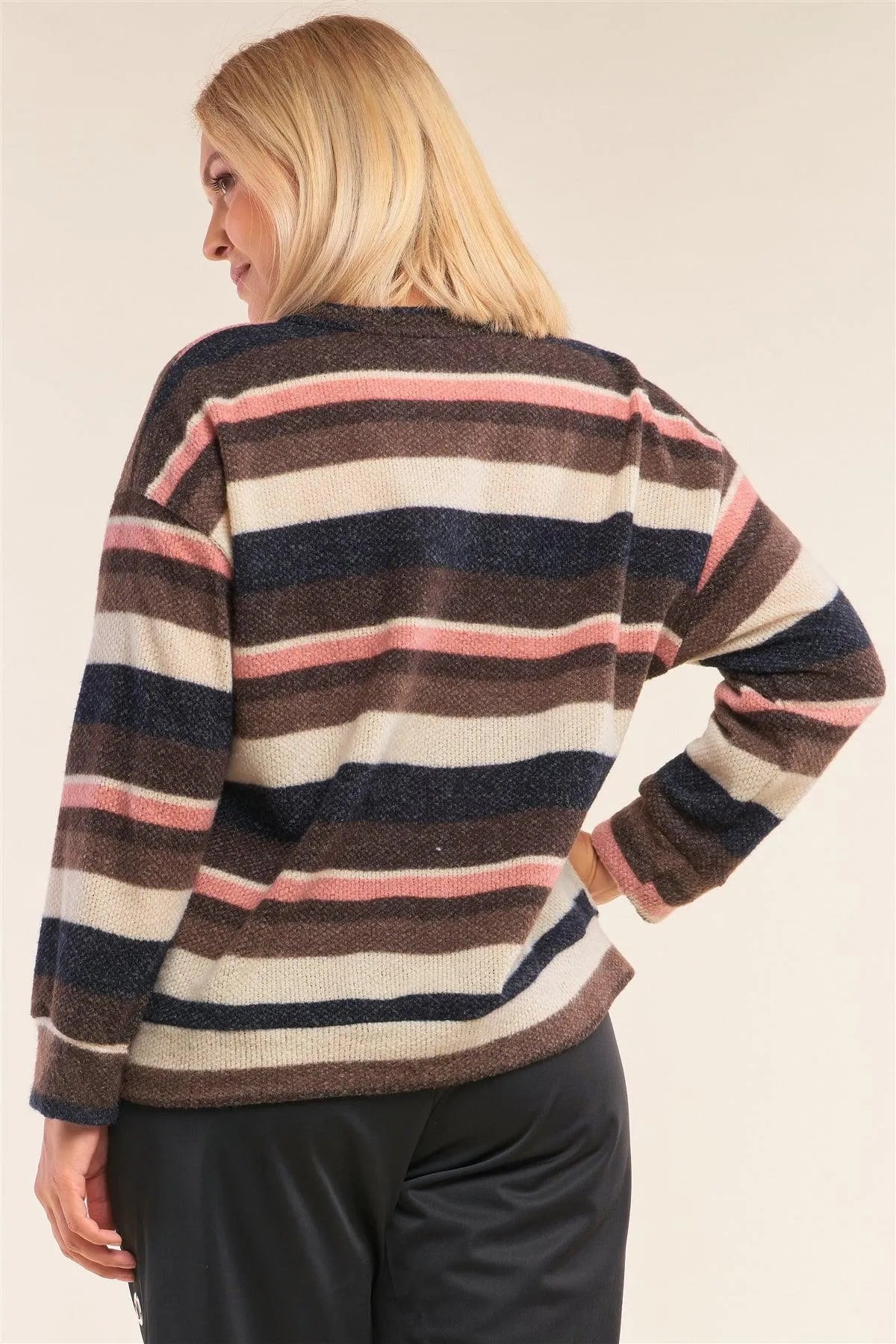 Junior Plus Size Striped Print Relaxed Fit Crew Neck Sweater /2-3-1-1 - Tasha Apparel Wholesale