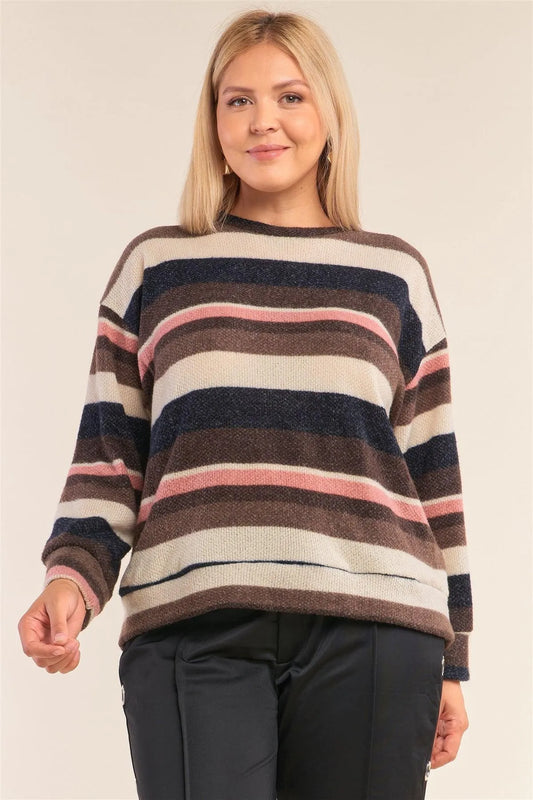 Junior Plus Size Striped Print Relaxed Fit Crew Neck Sweater /2-2-1-1 - Tasha Apparel Wholesale