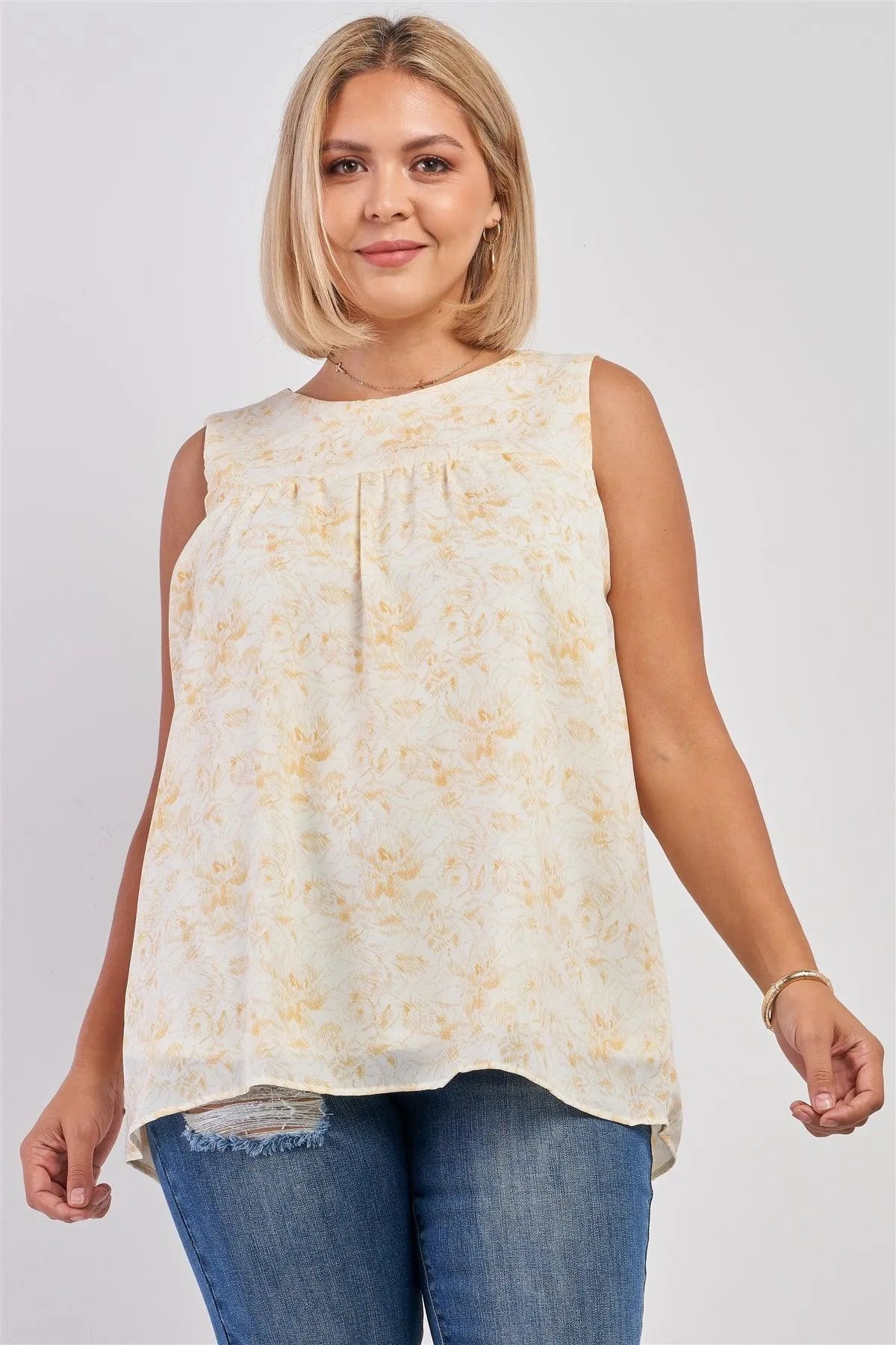 Junior Plus White & Yellow Sleeveless Brushed Print Round Neck Babydoll Top /3-2-1 - Tasha Apparel Wholesale