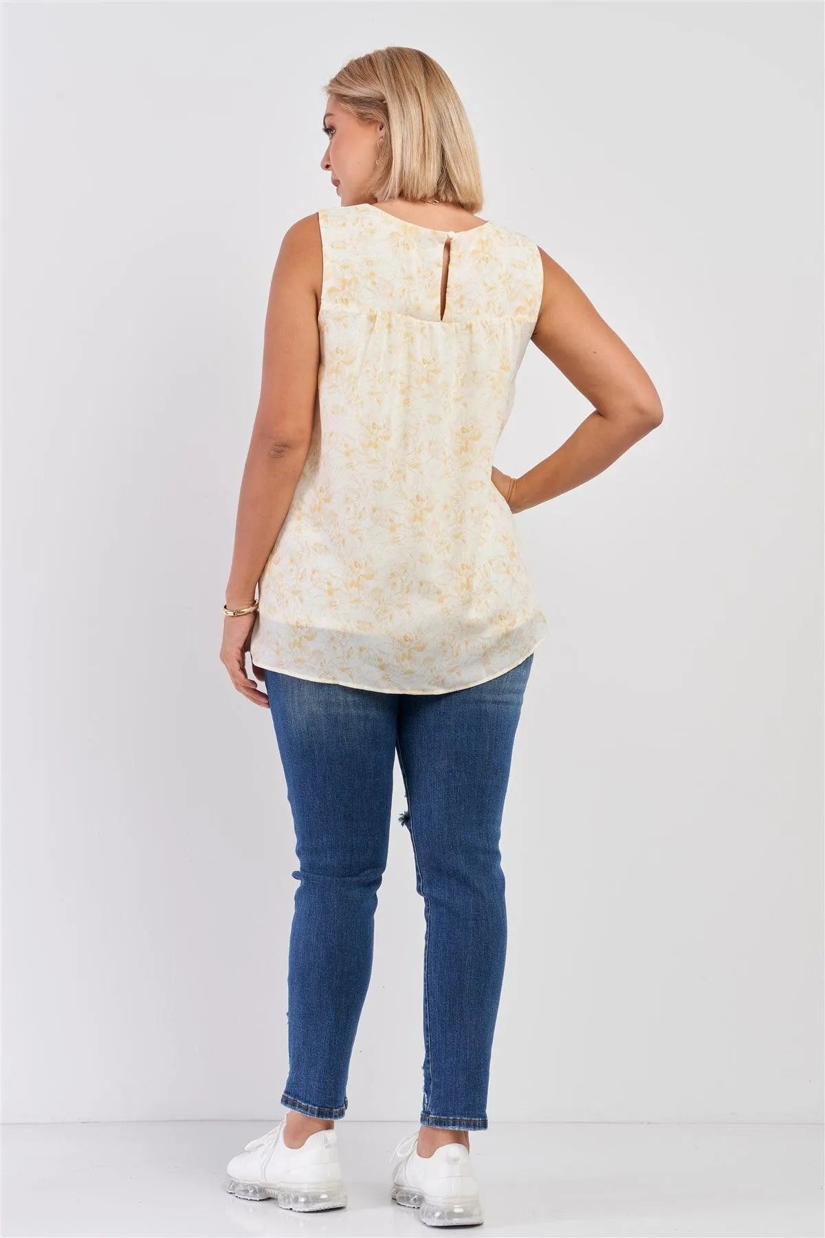 Junior Plus White & Yellow Sleeveless Brushed Print Round Neck Babydoll Top /3-2-1 - Tasha Apparel Wholesale