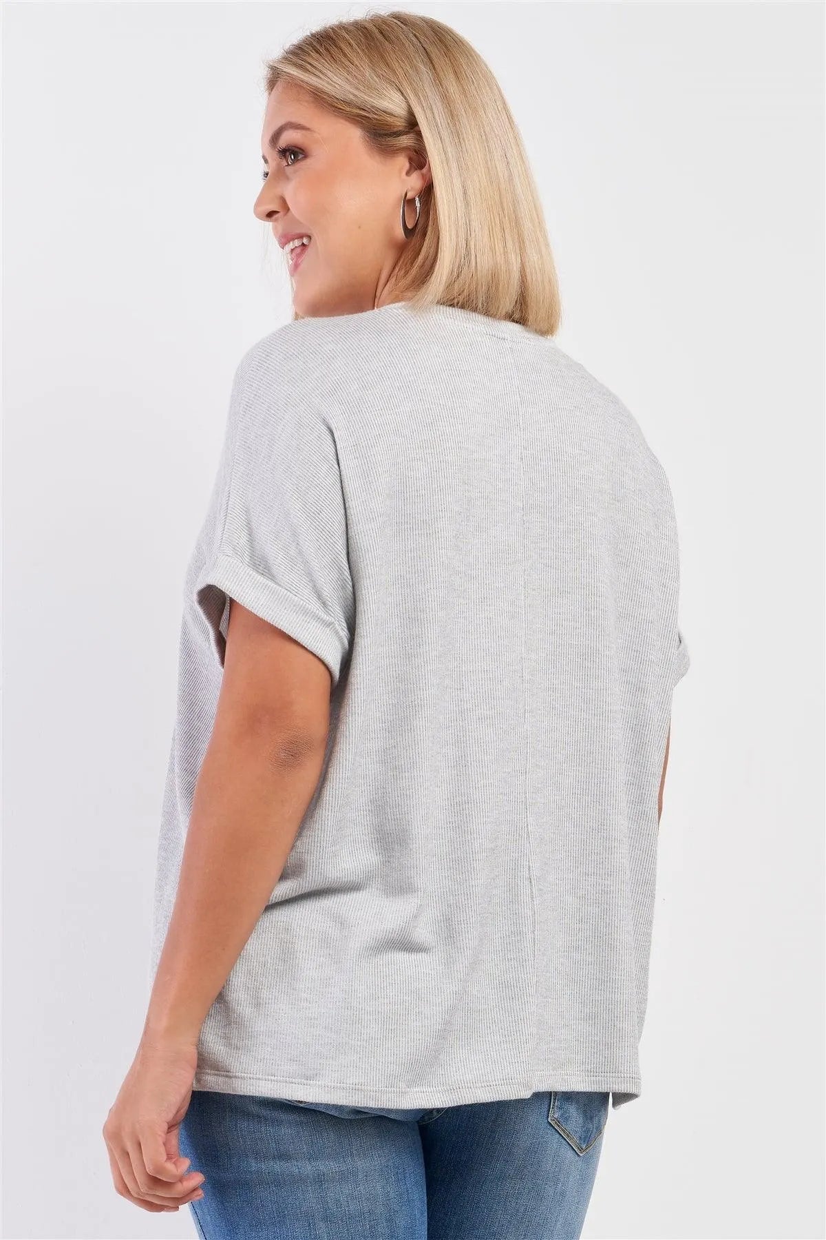 Junior Plus Heather Grey Loose Fit Stripe Print Top /2-2 - Tasha Apparel Wholesale