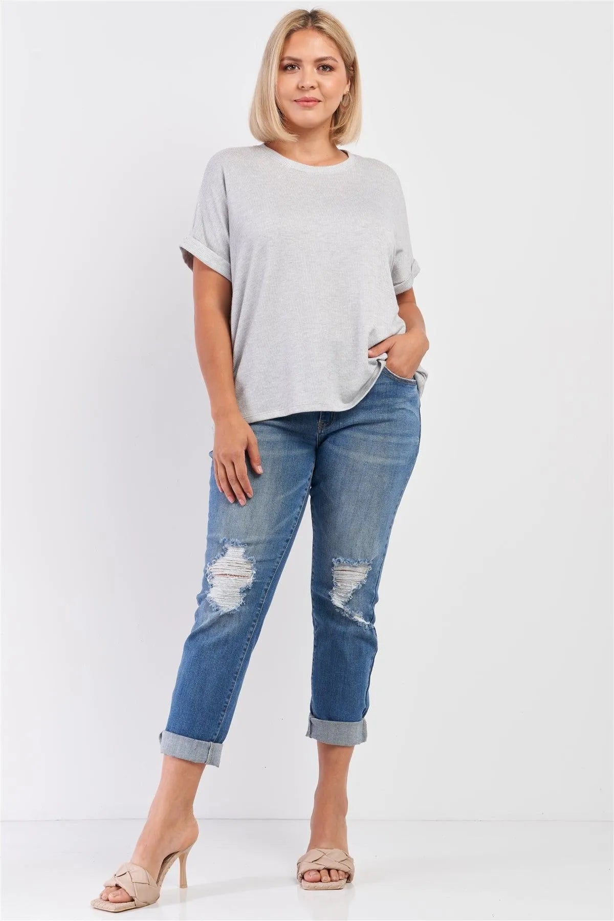 Junior Plus Heather Grey Loose Fit Stripe Print Top /2-2-2 - Tasha Apparel Wholesale