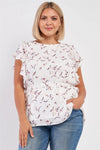 Junior Plus White Floral Print Wing Sleeve Crew Neck Self-Tie Belt Regular Fit Top /3-2-1 - Tasha Apparel Wholesale