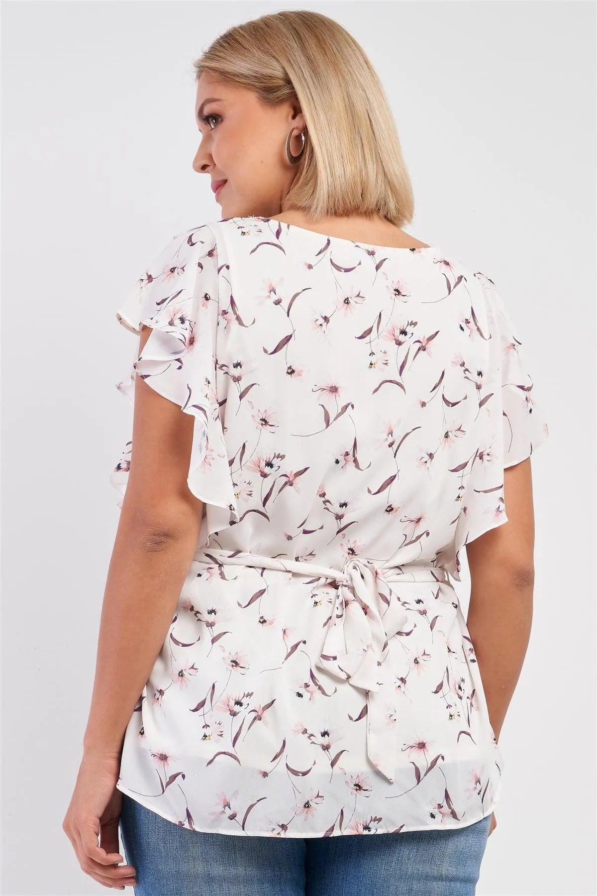 Junior Plus White Floral Print Wing Sleeve Crew Neck Self-Tie Belt Regular Fit Top /3-2-1 - Tasha Apparel Wholesale