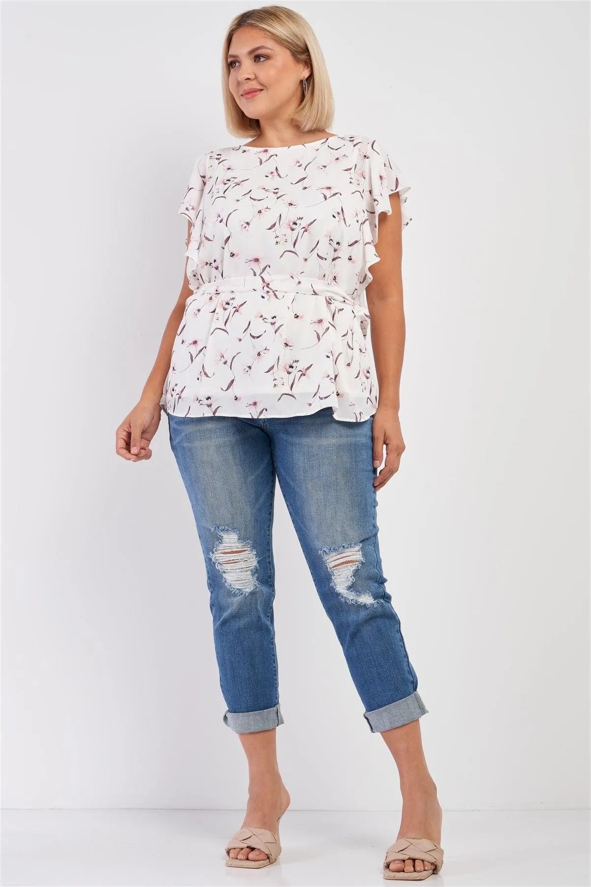 Junior Plus White Floral Print Wing Sleeve Crew Neck Self-Tie Belt Regular Fit Top /3-2-1 - Tasha Apparel Wholesale
