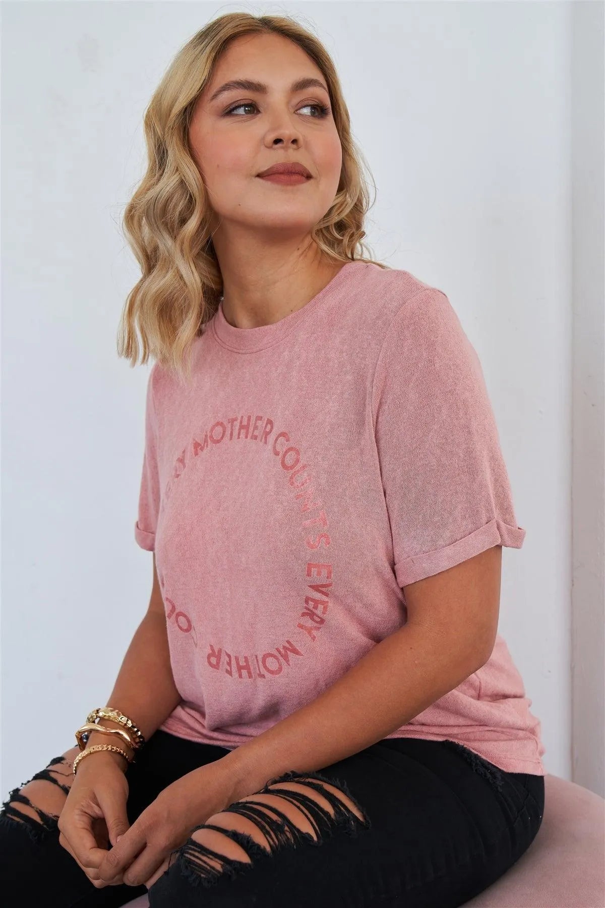 Plus Size "Every Mother Counts" Graphic Soft Mauve Loose Fit Top /3-2-1 /2-2-1 - Tasha Apparel Wholesale