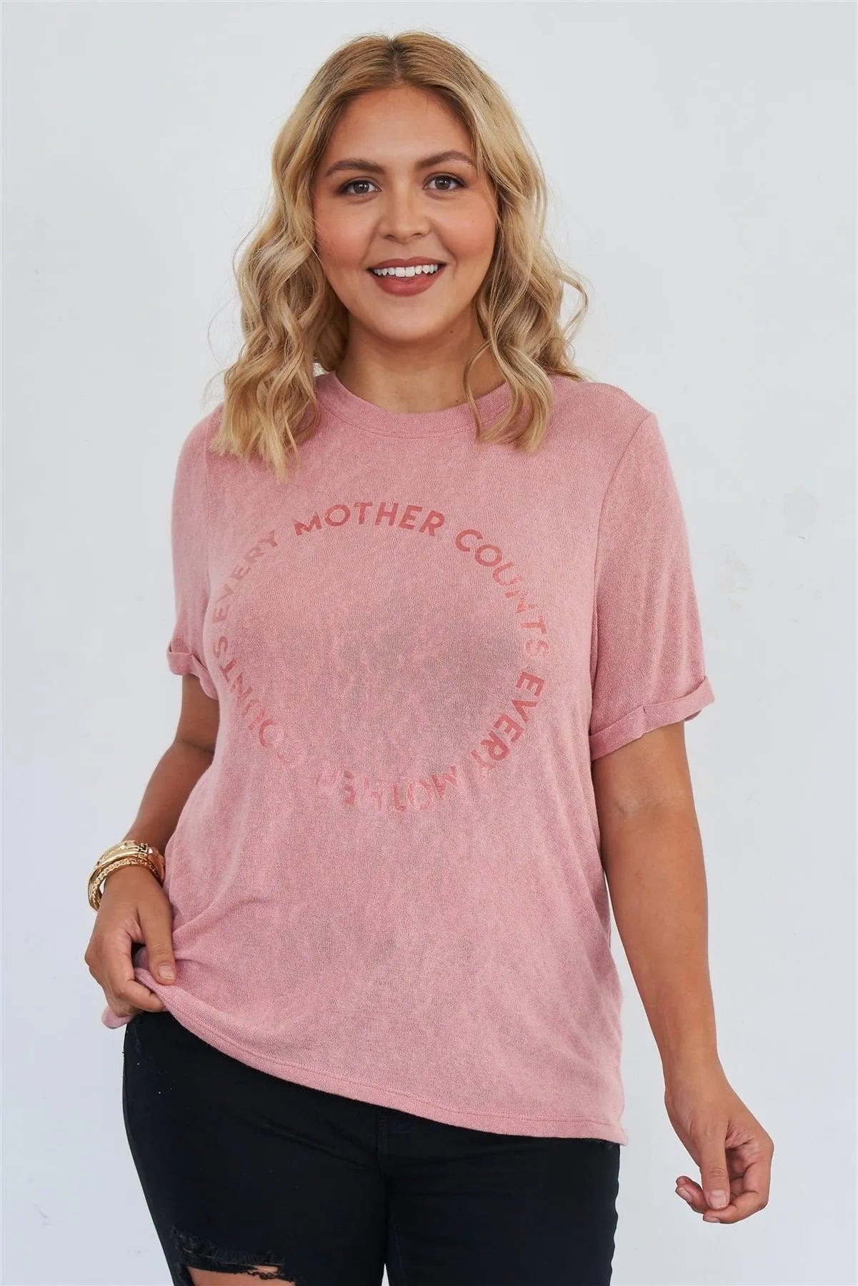Plus Size "Every Mother Counts" Graphic Soft Mauve Loose Fit Top /3-2-1 /2-2-1 - Tasha Apparel Wholesale