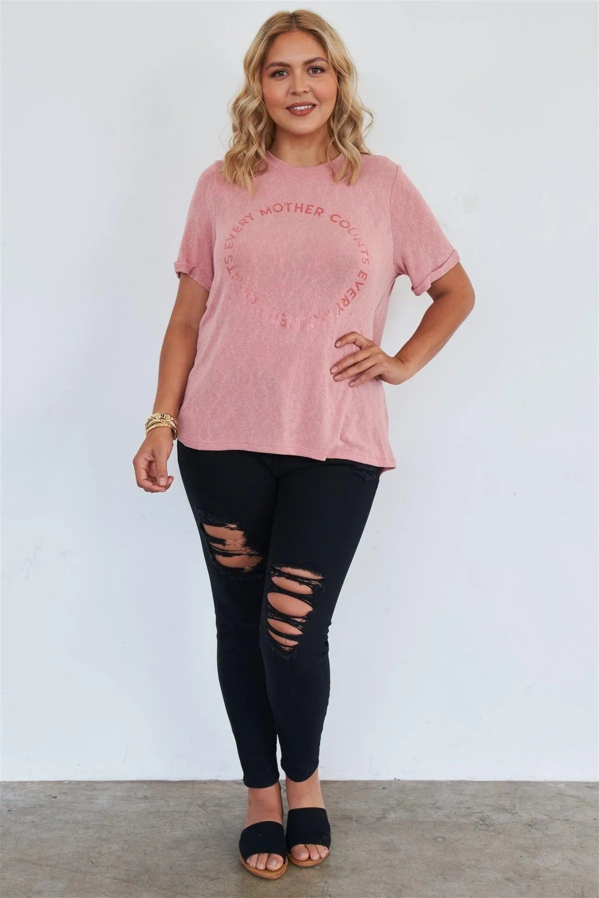 Plus Size "Every Mother Counts" Graphic Soft Mauve Loose Fit Top /3-2-1 /2-2-1 - Tasha Apparel Wholesale