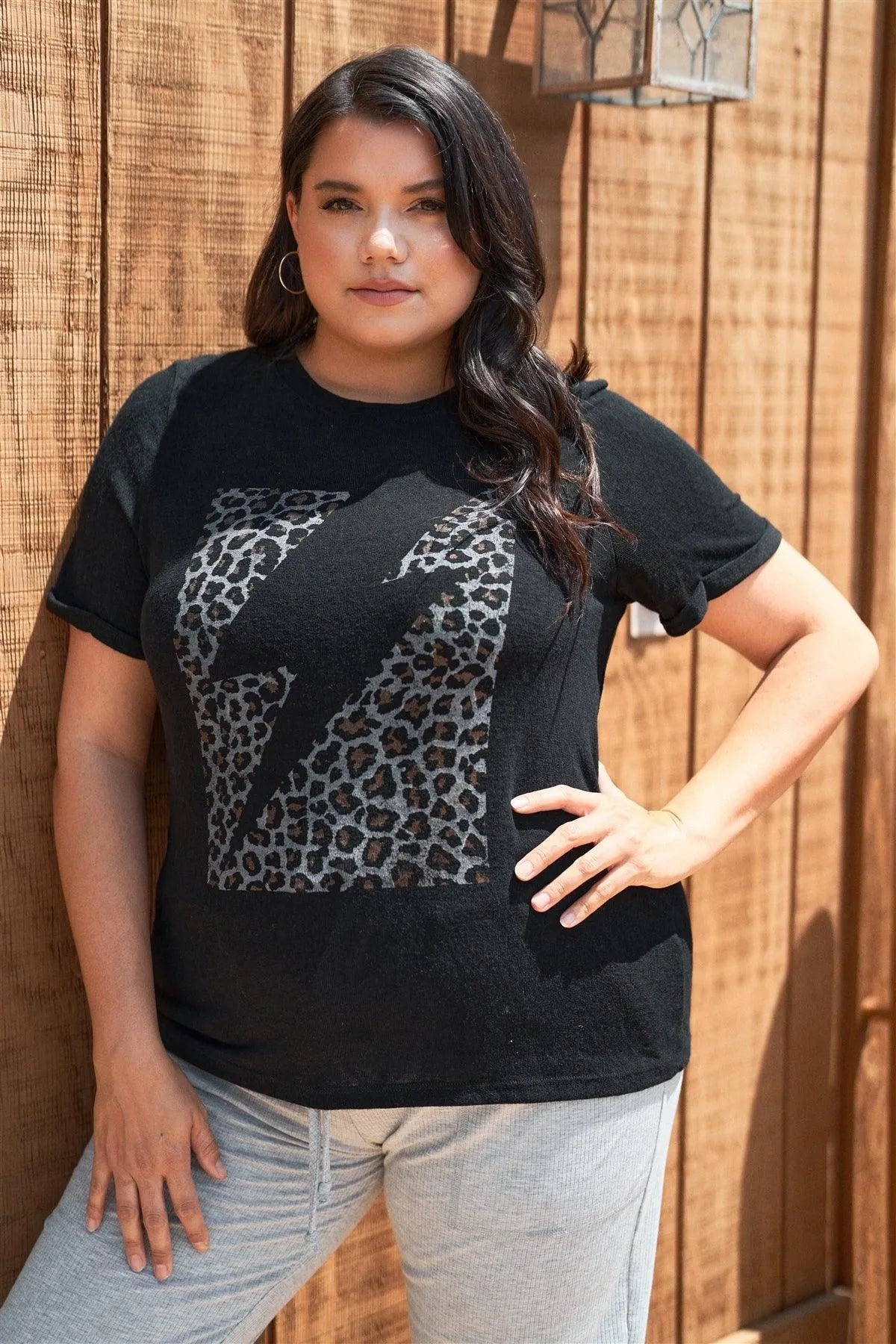 Junior Plus Black Animal Print & Lightning Print Short Sleeve T-Shirt Top /3-2-1 - Tasha Apparel Wholesale