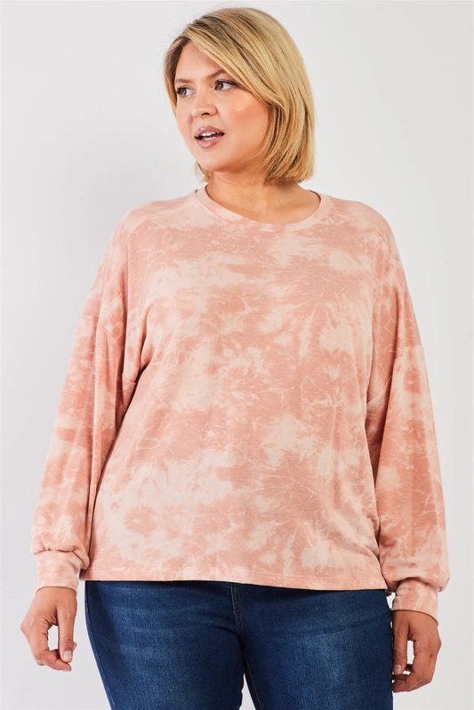 Junior Plus Marsala Tie-Dye Print Crew Neck Long Sleeve Loose Fit Sweatshirt /3-2-1 - Tasha Apparel Wholesale