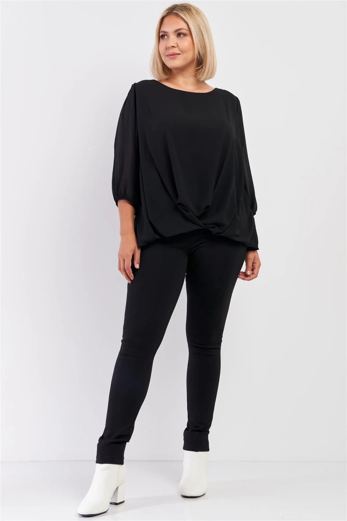 Junior Plus Solid Black Loose Fit Front Wrap Detail Elasticized Cuff Ballon Midi Sleeve Top /3-2-1 - Tasha Apparel Wholesale