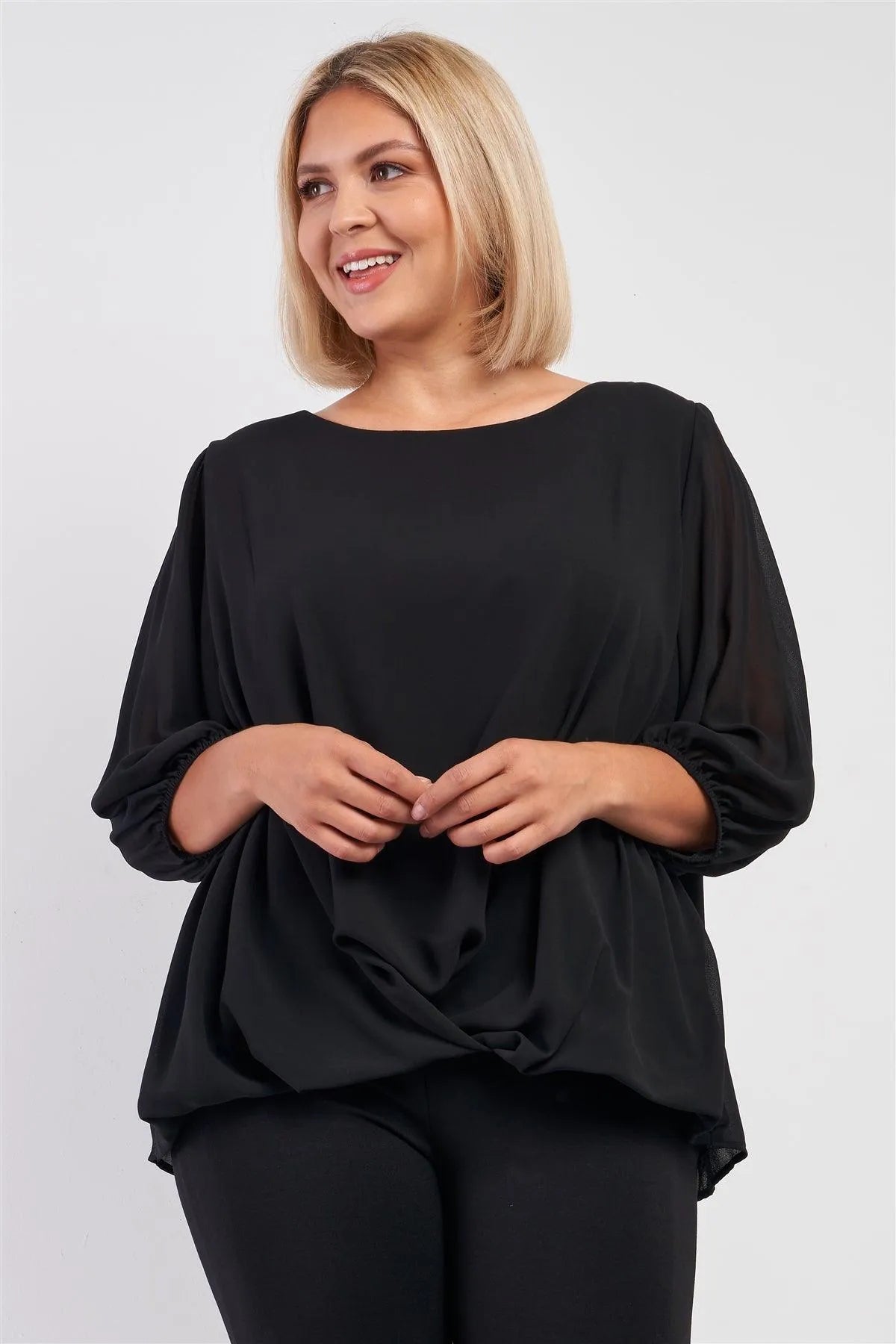 Junior Plus Solid Black Loose Fit Front Wrap Detail Elasticized Cuff Ballon Midi Sleeve Top /3-2-1 - Tasha Apparel Wholesale