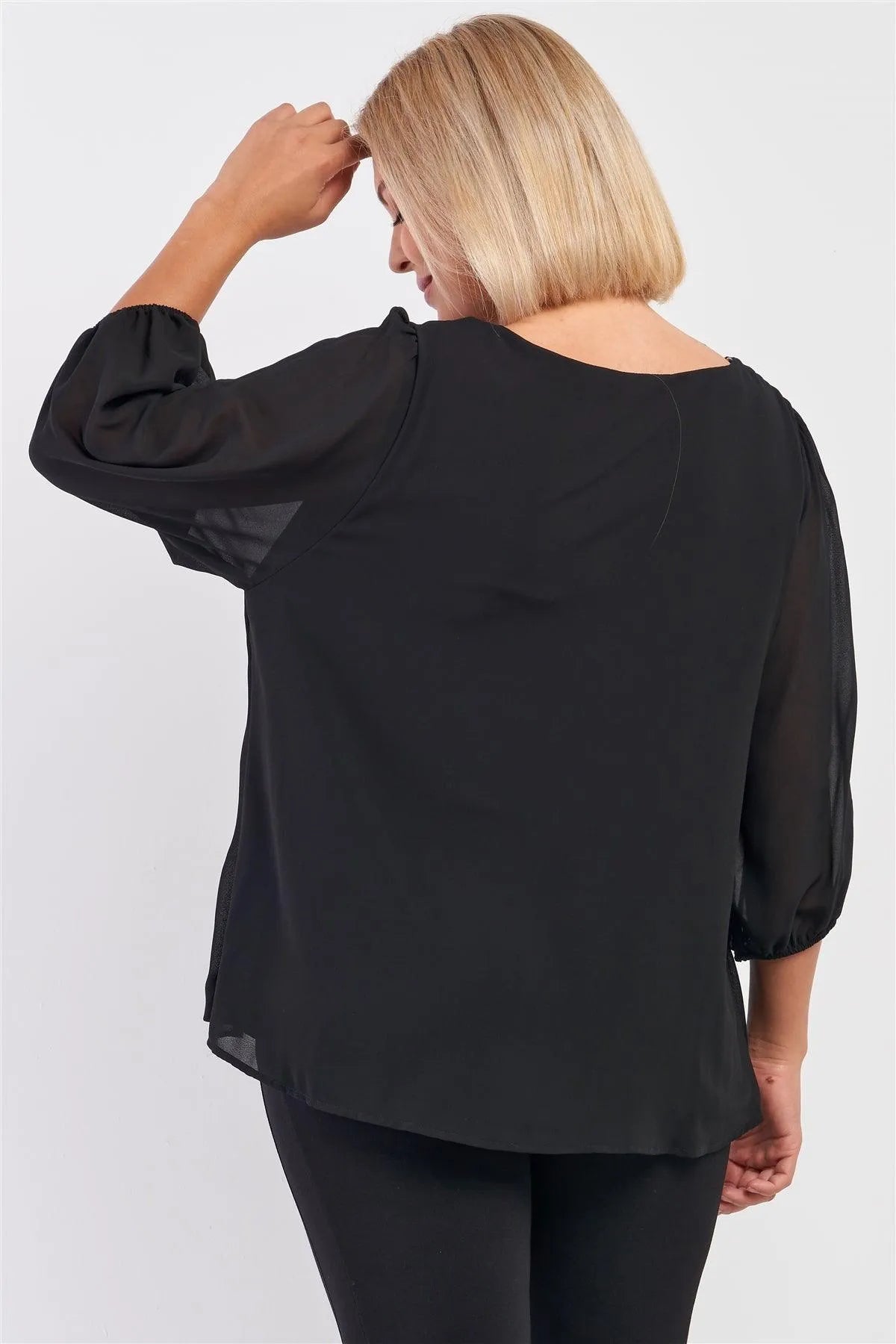 Junior Plus Solid Black Loose Fit Front Wrap Detail Elasticized Cuff Ballon Midi Sleeve Top /3-2-1 - Tasha Apparel Wholesale